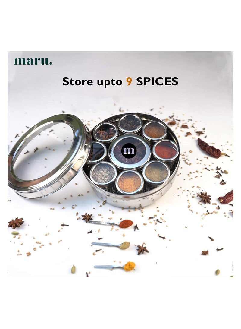 MARU 9 in 1 Spice Box Stainless Steel stylish Masala Box for Kitchen  9 containers 3 Spoons  Silver - Image 2