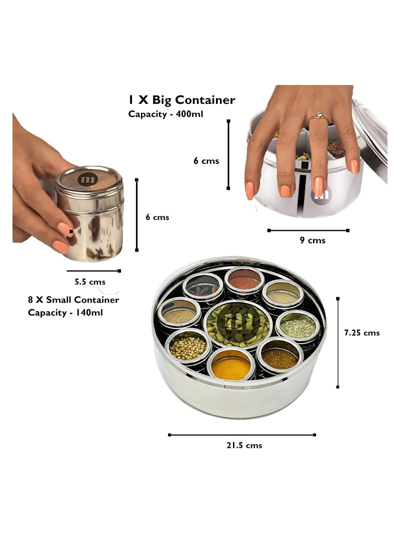 MARU 9 in 1 Spice Box Stainless Steel stylish Masala Box for Kitchen  9 containers 3 Spoons  Silver - Image 4