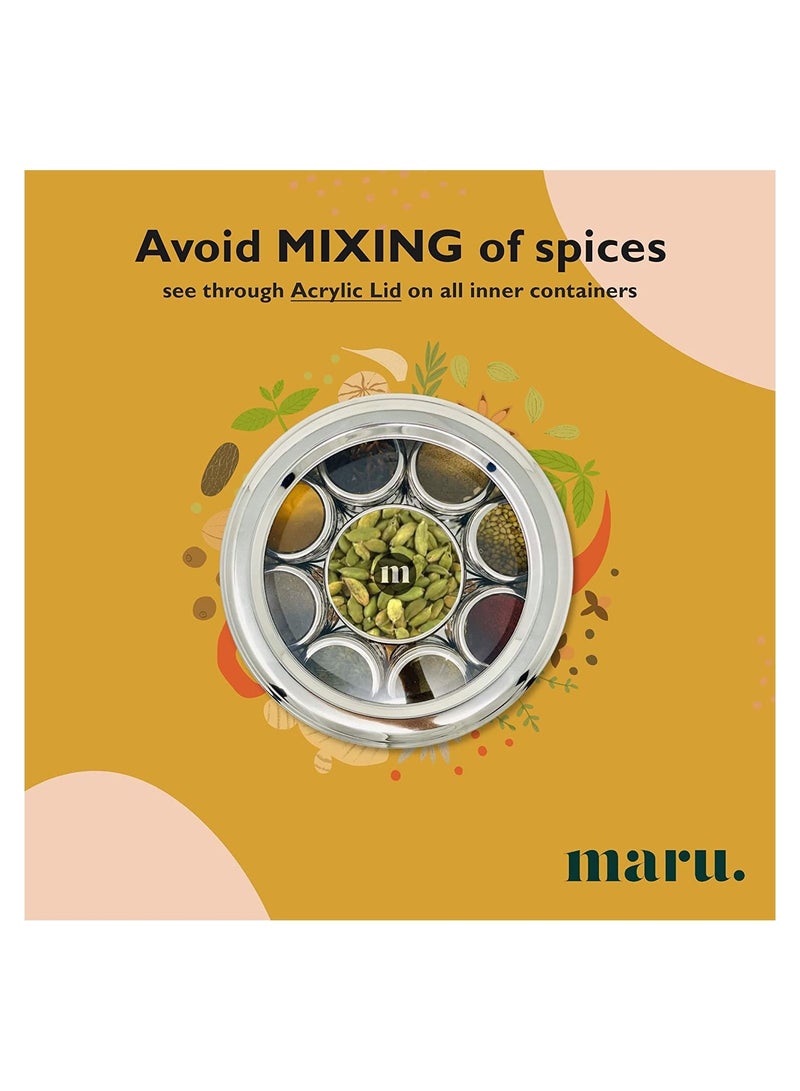 MARU 9 in 1 Spice Box Stainless Steel stylish Masala Box for Kitchen  9 containers 3 Spoons  Silver - Image 5