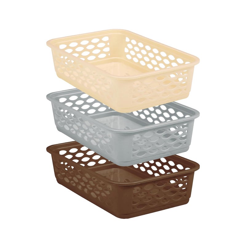 RATAN PLASTICWARE Diana Tray Rectangular-Medium (Pack of 3) Plastic Storage for Desk Basket/Organizers for Stationery, Jewellery, Tools,Kitchen, Office-Lt Brown, Daiso Grey, Twist Beige - Image 1