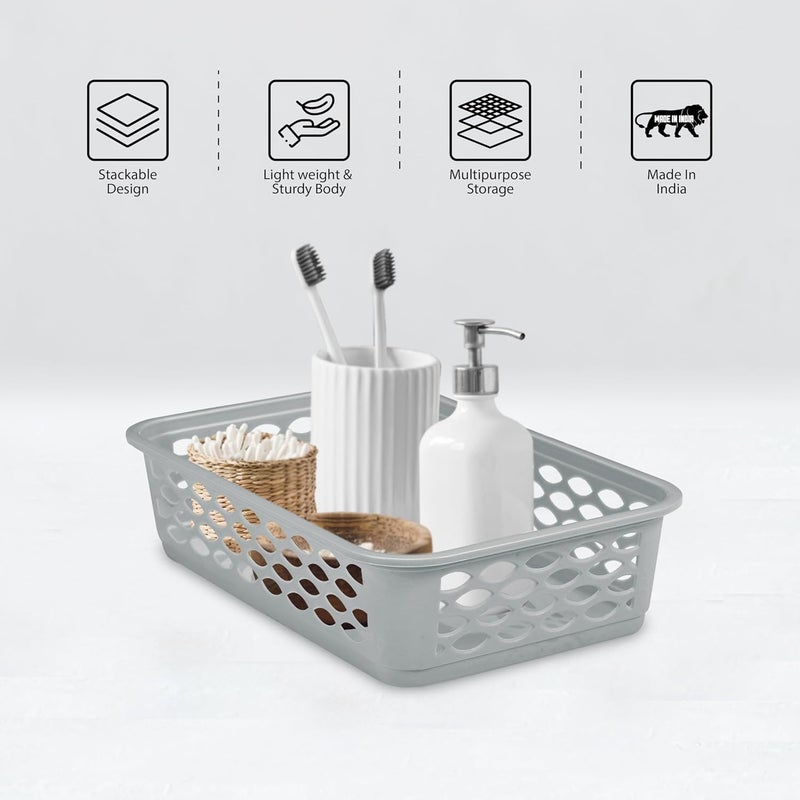 RATAN PLASTICWARE Diana Tray Rectangular-Medium (Pack of 3) Plastic Storage for Desk Basket/Organizers for Stationery, Jewellery, Tools,Kitchen, Office-Lt Brown, Daiso Grey, Twist Beige - Image 2