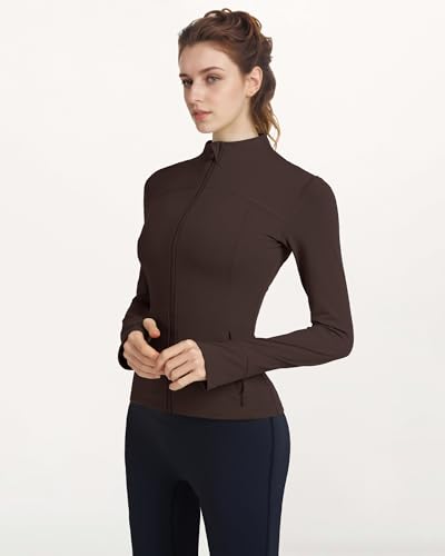 Locachy Women's Slim Fit Full Zip Athletic Running Sports Workout Jacket with Thumb Holes 01 Coffee M - Image 3