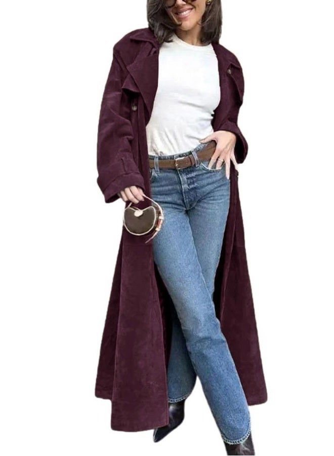 utcoco Womens Faux Suede Long Trench Coat Notched Lapel Double Breasted Pea Coat Overcoat with Belt, Wine, M - Image 1