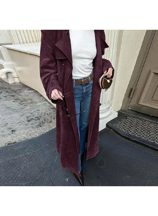 utcoco Womens Faux Suede Long Trench Coat Notched Lapel Double Breasted Pea Coat Overcoat with Belt, Wine, M - Image 3