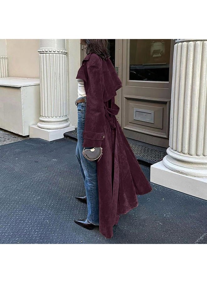 utcoco Womens Faux Suede Long Trench Coat Notched Lapel Double Breasted Pea Coat Overcoat with Belt, Wine, M - Image 2