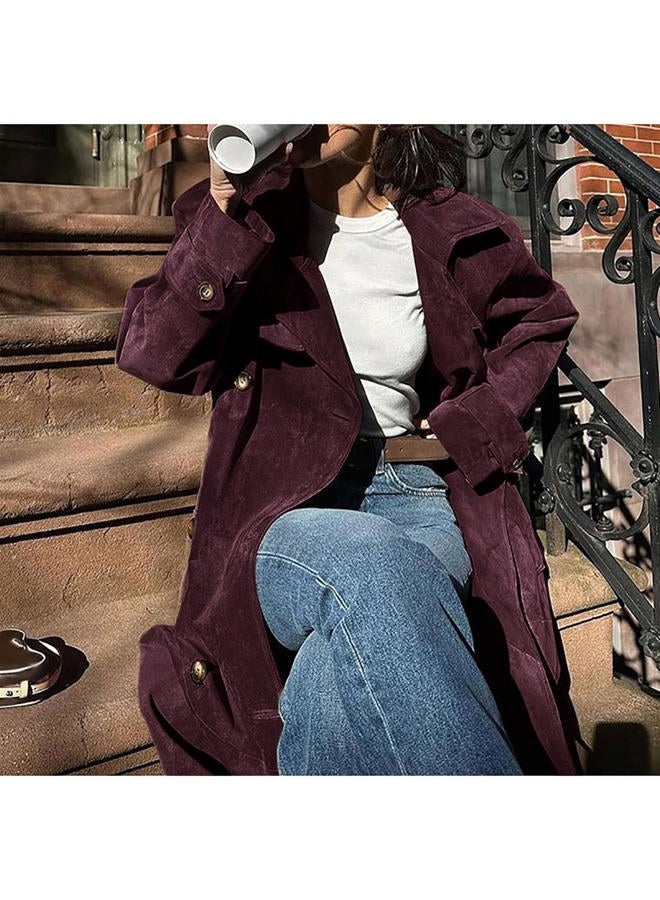 utcoco Womens Faux Suede Long Trench Coat Notched Lapel Double Breasted Pea Coat Overcoat with Belt, Wine, M - Image 4