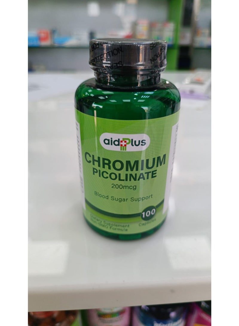 Aid Plus Chromium Picolinate 200mcg Blood Sugar Support Dietary Supplement, 100 Capsules