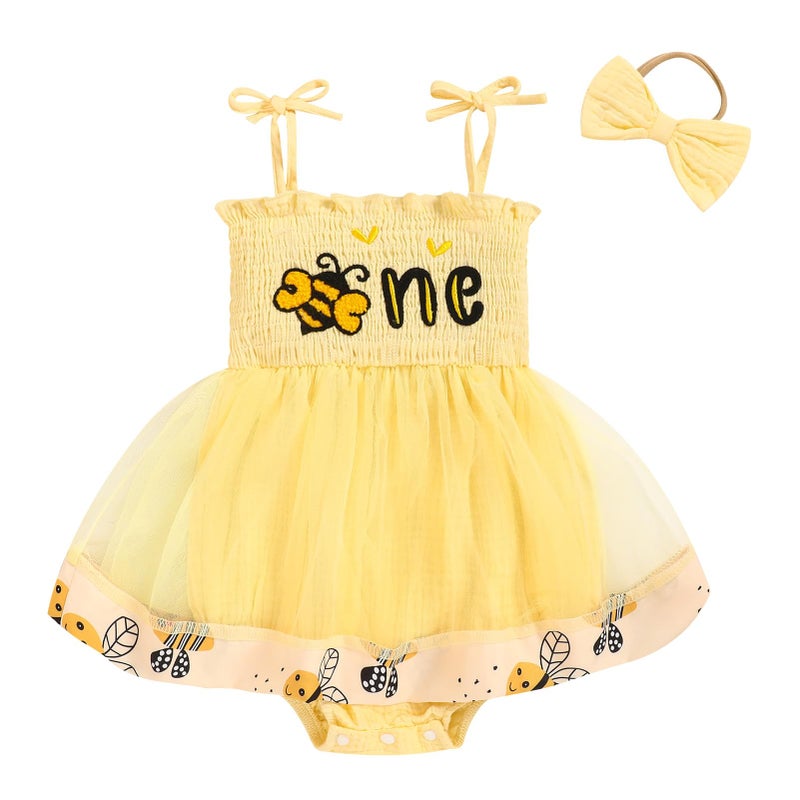 TITKKOP Baby Girl 1st Birthday Clothes One Year Old Tulle Romper Sleeveless Bodysuit Cake Smash Outfits(yellow bee,12-18M) - Image 1