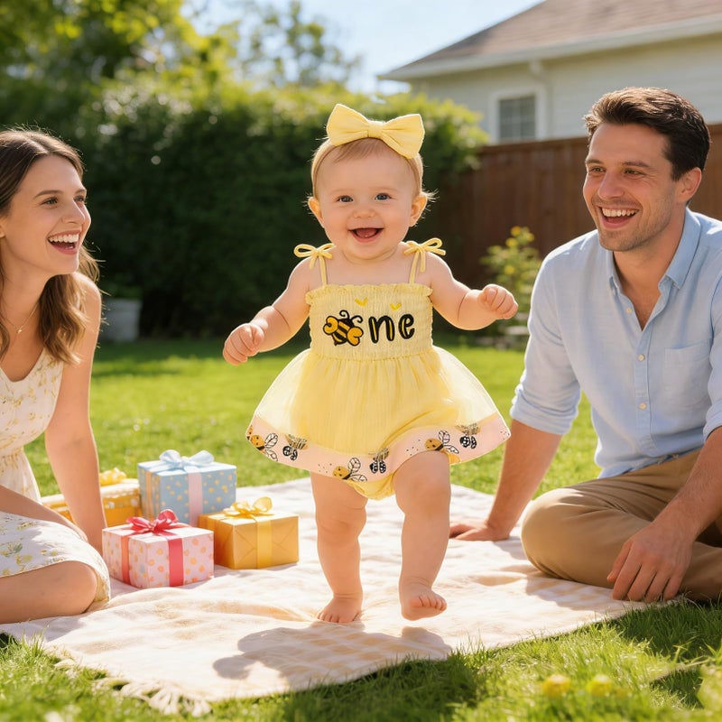 TITKKOP Baby Girl 1st Birthday Clothes One Year Old Tulle Romper Sleeveless Bodysuit Cake Smash Outfits(yellow bee,12-18M) - Image 4