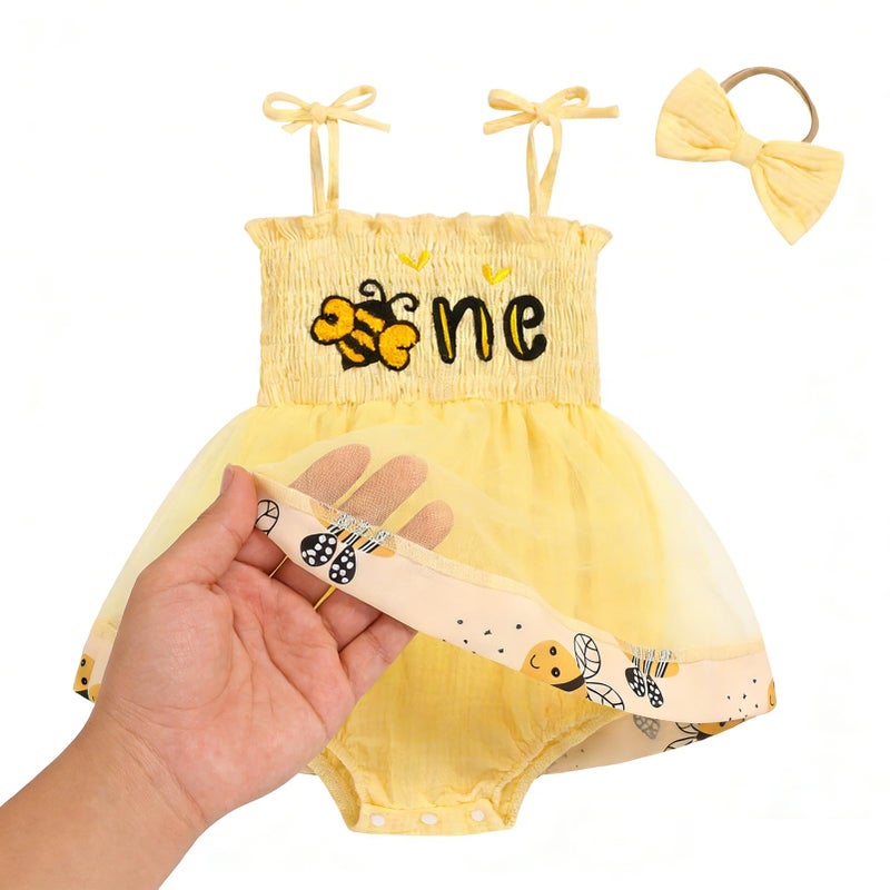 TITKKOP Baby Girl 1st Birthday Clothes One Year Old Tulle Romper Sleeveless Bodysuit Cake Smash Outfits(yellow bee,12-18M) - Image 3