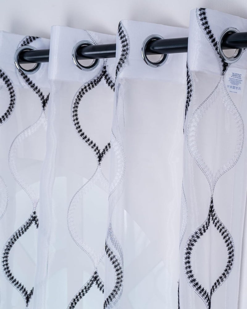 Parda Online 5Ft Black and White Sheer Tissue Embroidered Eyelet Window Curtain - Pack of 2 - Image 1