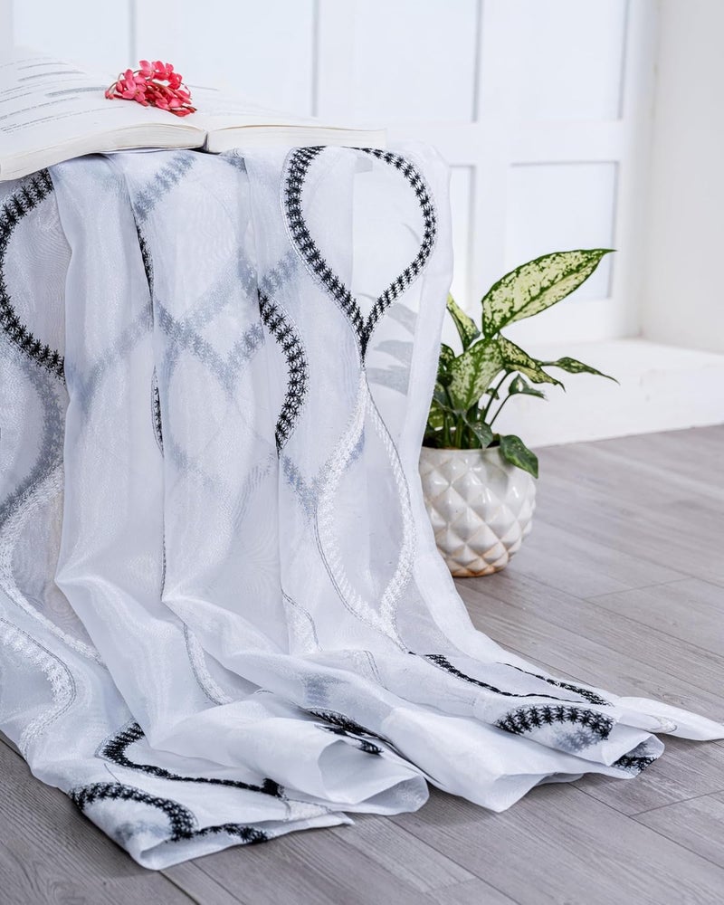 Parda Online 5Ft Black and White Sheer Tissue Embroidered Eyelet Window Curtain - Pack of 2 - Image 5