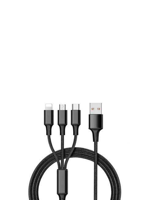 Nylon 3 in 1 fast Charging Cable for Type-C, Micro and iPhone Pins,Smart Charge 3 Port Data Charging Cable,power line (3 in 1 cable) Black
