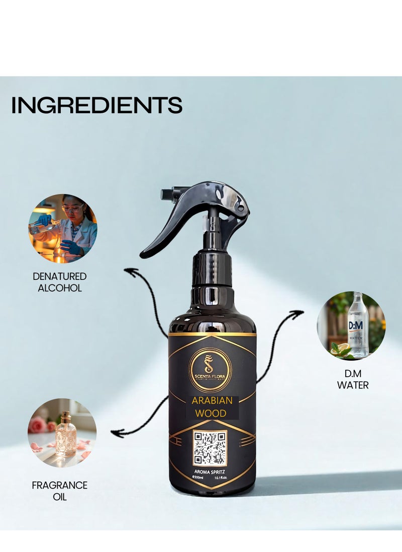 Scenta Flora - Arabian Wood Aroma Spritz Ready-to-Use Long Lasting Air Freshener For Cars, Carpets, Curtains, Rooms, Fabrics, And Abayas (300 ml) - Image 1