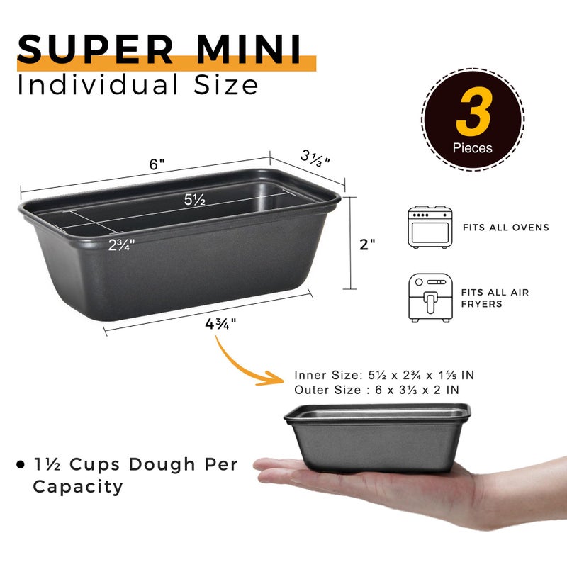 HONGBAKE Mini Loaf Pan for Baking Bread, 6 x 3.3 x 2 In Nonstick Small Banana Bread Tins Set of 3, Tiny Carbon Steel Meatloaf Pan - Dark Grey - Image 2