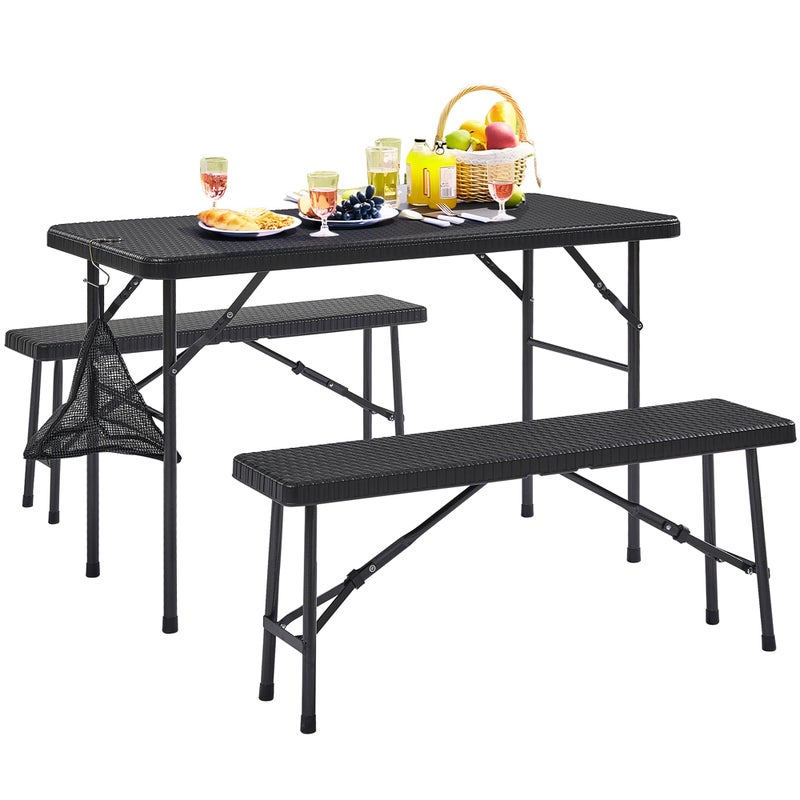 VECELO طاولة نزهة قابلة للطي من VECELO مكونة من 3 قطع مع 2 مقاعد 472 مجموعة فناء من الخيزران الصناعي مع حقيبة شبكية مقاومة للحرارة وماء للاستخدام الداخلي والخارجي باللون الأسود