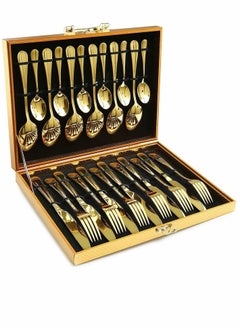 KASTWAVE Gold Silverware Set, 24PCS Gold Forged Stainless Steel Flatware Set, Tableware Service for 4, Kitchen Utensil Set for Home, Restaurant, Dishwasher Safe, Western Cutlery Knife, Fork Spoon Gift Box Set  - Image 1