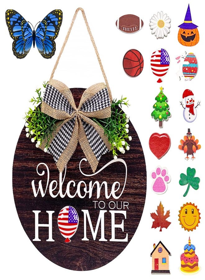 SNILOAW Interchangeable Seasonal Welcome Sign Front Door Decorations, Round Wood Wreath for Outdoor, Farmhouse, Porch Perfect for New Home Housewarming Gift, Valentine's, Easter, Christmas Home Decor - Image 1