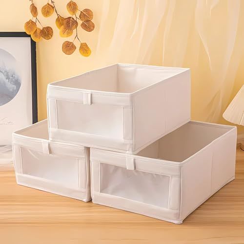 Gowloz Linen Storage Bins with Clear Window & Handles – Foldable Clothes Organizer Box for Wardrobe, Shelves & Home Storage – Durable Breathable Fabric (Beige, Pack of 2) - Image 3