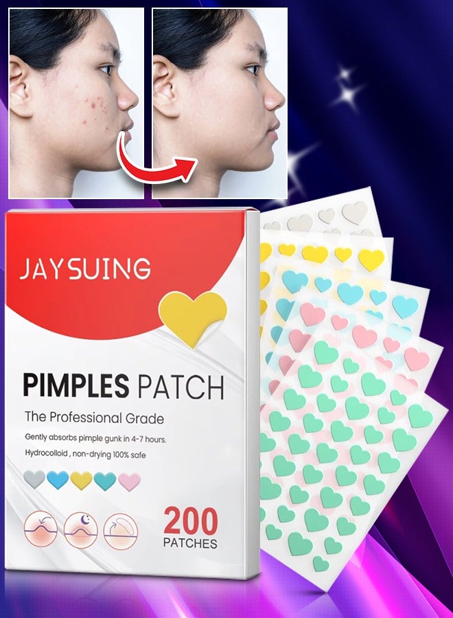 Jaysuing 200 قطعة لاصقات حب الشباب هيدروكولود غير جافة لوجه ملصقات حب الشباب على شكل قلب ملونة مع حمض الهيالورونيك وزيت شجرة الشاي وزيت السنتيلا لاصقات حب الشباب لتغطية العيوب والبثور - Image 1