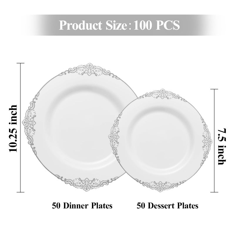 Bestluck White and Silver Disposable Plastic Plates for 50 Guests - 50 Dinner Plates  50 Dessert Plates for Party  Wedding  and Graduation - Image 1