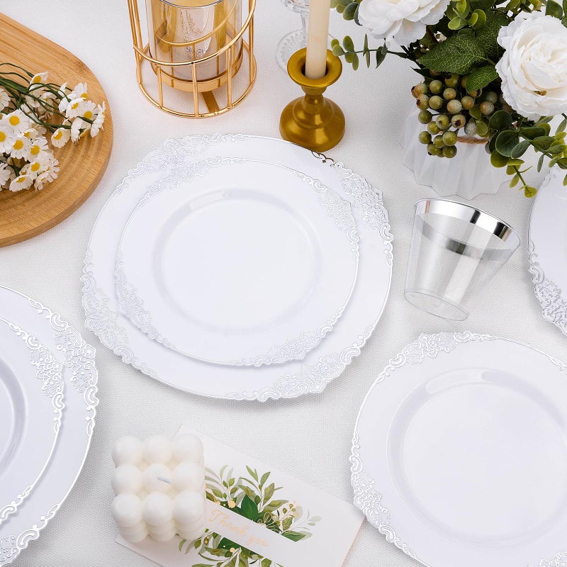 Bestluck White and Silver Disposable Plastic Plates for 50 Guests - 50 Dinner Plates  50 Dessert Plates for Party  Wedding  and Graduation - Image 4