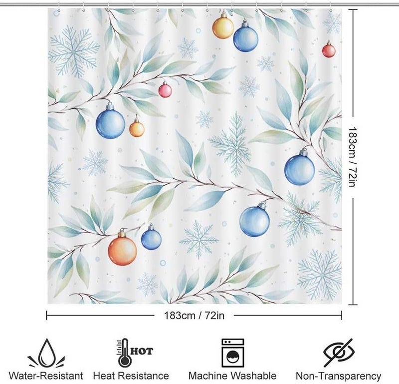 Winter Holiday Ornaments on Branches with SnowflakesShower Curtain for Bathroom Waterproof Tan Shower Curtain with Hooks 71 inch x 71 inch - Image 3
