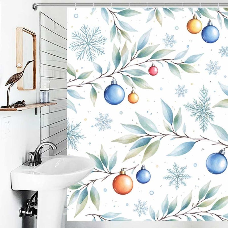 Winter Holiday Ornaments on Branches with SnowflakesShower Curtain for Bathroom Waterproof Tan Shower Curtain with Hooks 71 inch x 71 inch - Image 4
