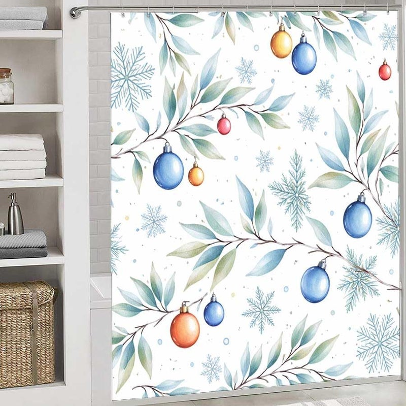 Winter Holiday Ornaments on Branches with SnowflakesShower Curtain for Bathroom Waterproof Tan Shower Curtain with Hooks 71 inch x 71 inch - Image 2