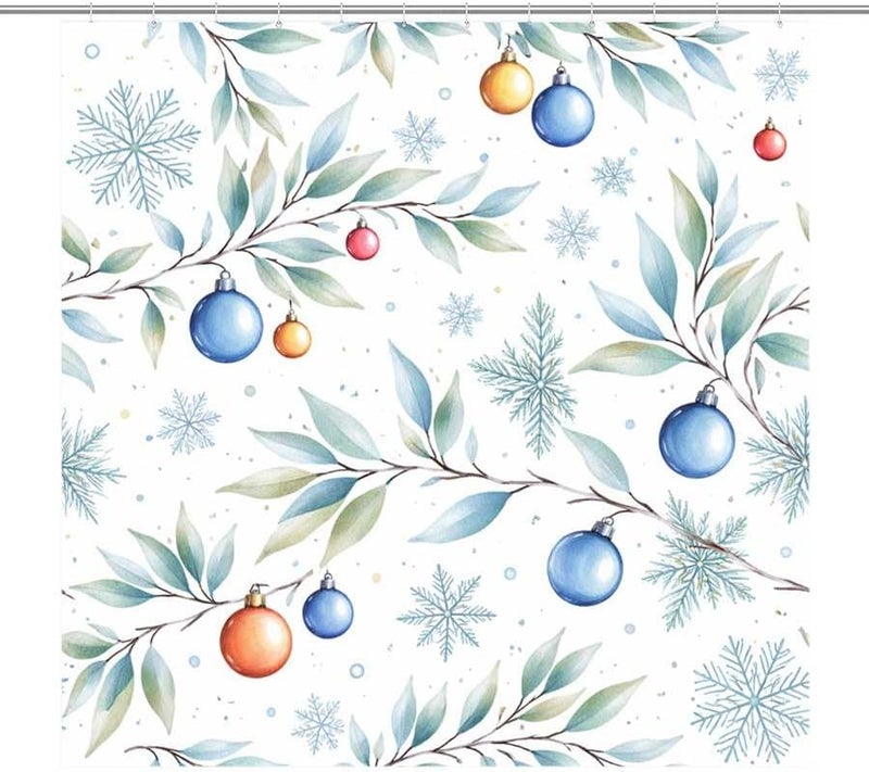 Winter Holiday Ornaments on Branches with SnowflakesShower Curtain for Bathroom Waterproof Tan Shower Curtain with Hooks 71 inch x 71 inch - Image 1