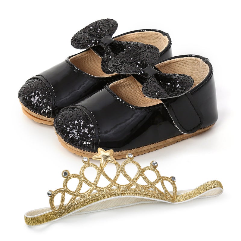 Butterfly Sequin Princess Baby Shoes Soft Sole M1951 Black hair band 