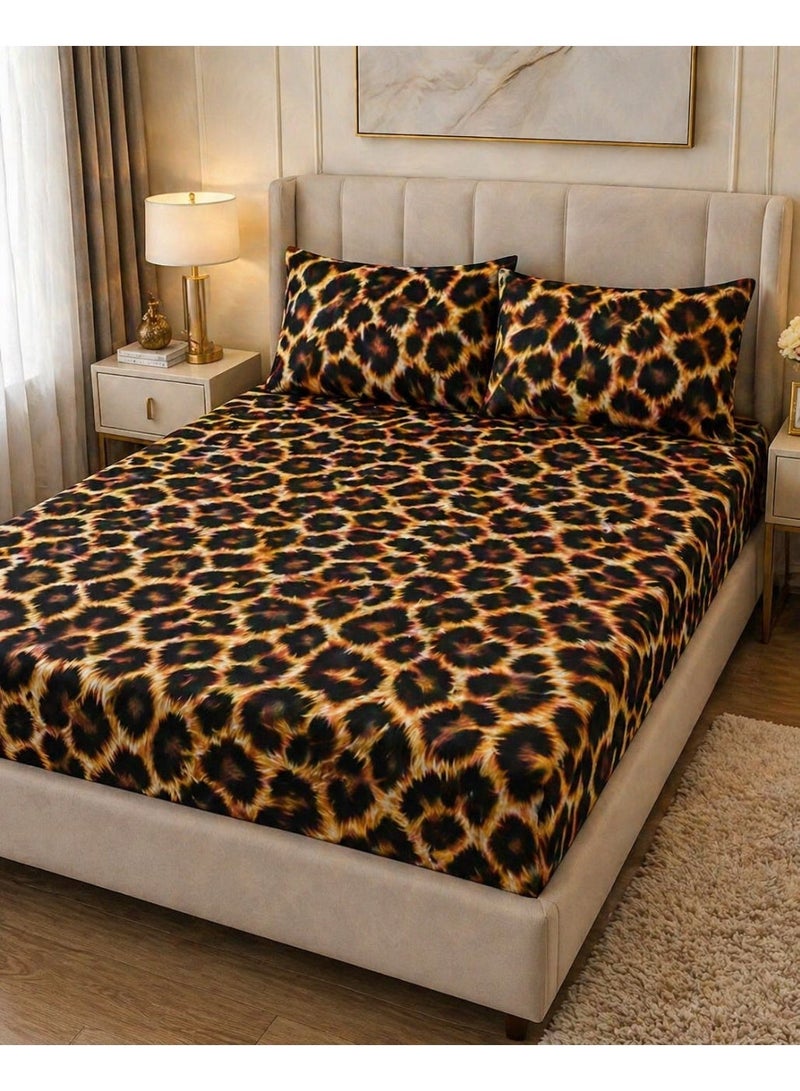Eworld 3-Piece Fitted Bedsheet Set, Leopard Print, 100% Cotton, 125 GSM, 1 Fitted Sheet + 2 Pillowcases – Available in King, Queen and Single Sizes - Image 1