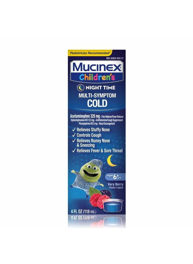 MUCINEX Cold and Fever, Children's Multi-Symptom, Night Time Cold Liquid, Mixed Berry, 4oz, Reduces Fever, Controls Cough, Relieves Stuffy Nose, "Packaging May Vary"  - Image 1