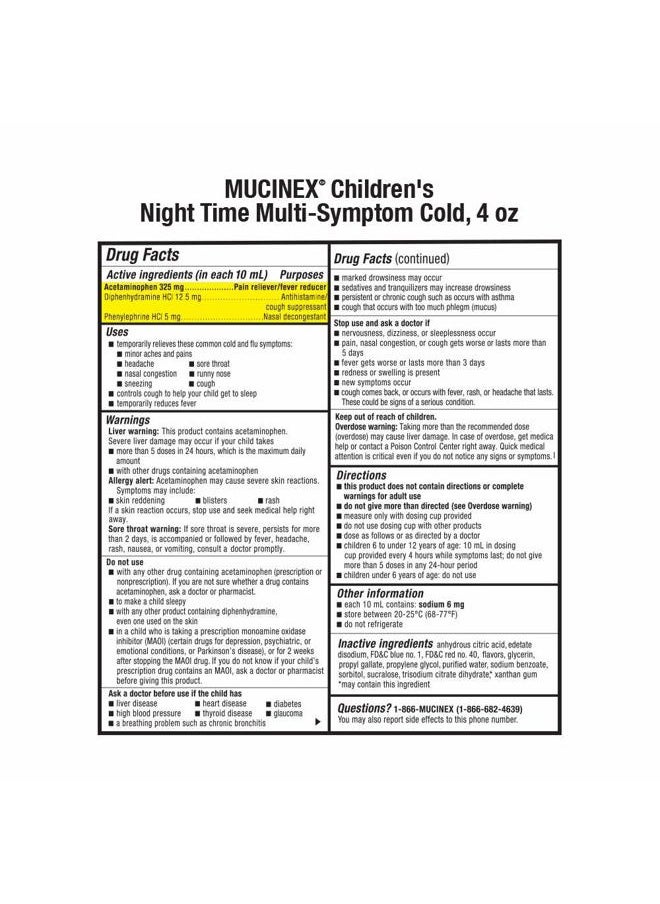 MUCINEX Cold and Fever, Children's Multi-Symptom, Night Time Cold Liquid, Mixed Berry, 4oz, Reduces Fever, Controls Cough, Relieves Stuffy Nose, "Packaging May Vary"  - Image 3