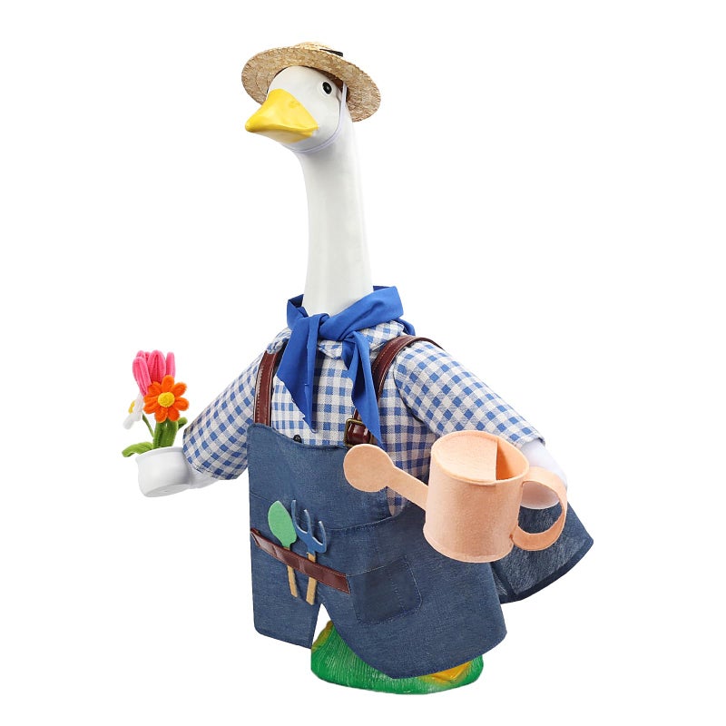 GJL Gardener Porch Goose Outfit Fits 23 Inch Cement Plastic Goose Statue, 2-Piece Porch Goose Clothes with Hat, Tools, Scarf, Watering Can & Flower Pot Design for Spring Summer Outdoor Garden Decor - Image 1