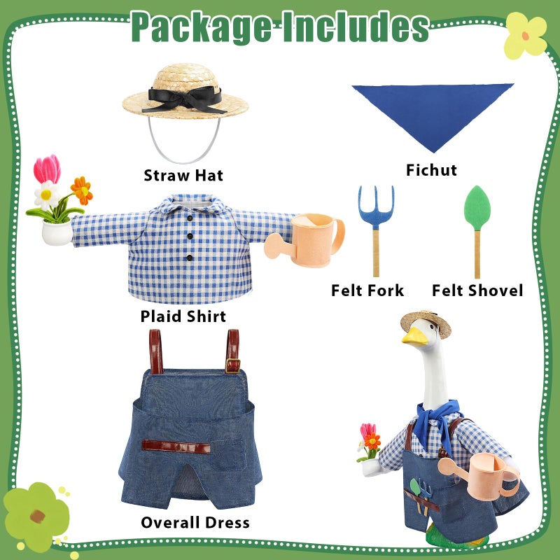 GJL Gardener Porch Goose Outfit Fits 23 Inch Cement Plastic Goose Statue, 2-Piece Porch Goose Clothes with Hat, Tools, Scarf, Watering Can & Flower Pot Design for Spring Summer Outdoor Garden Decor - Image 2