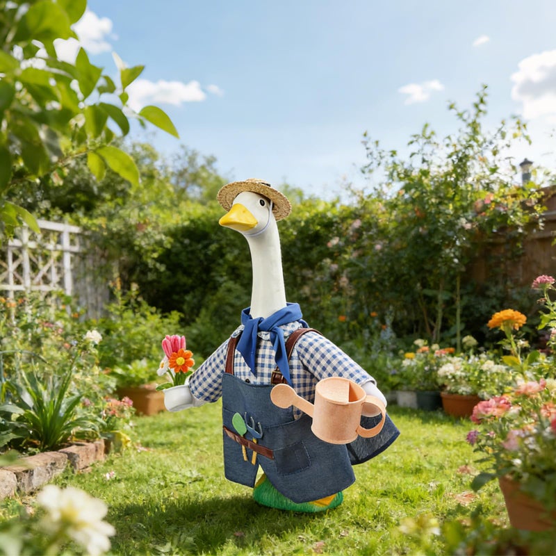 GJL Gardener Porch Goose Outfit Fits 23 Inch Cement Plastic Goose Statue, 2-Piece Porch Goose Clothes with Hat, Tools, Scarf, Watering Can & Flower Pot Design for Spring Summer Outdoor Garden Decor - Image 4