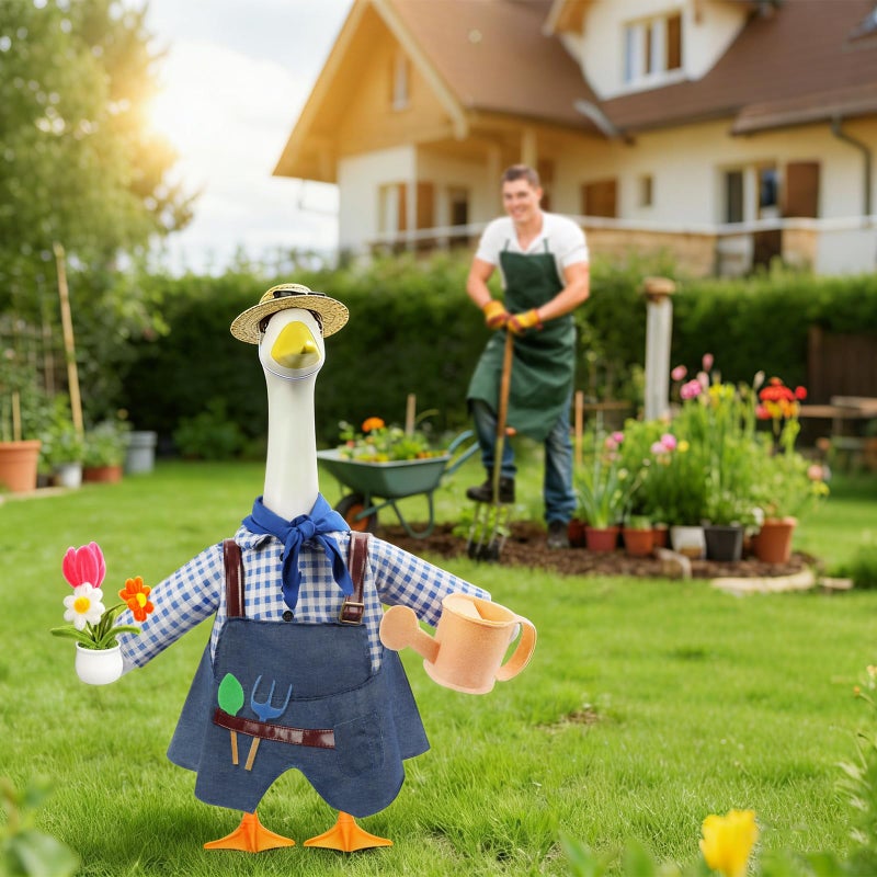 GJL Gardener Porch Goose Outfit Fits 23 Inch Cement Plastic Goose Statue, 2-Piece Porch Goose Clothes with Hat, Tools, Scarf, Watering Can & Flower Pot Design for Spring Summer Outdoor Garden Decor - Image 5