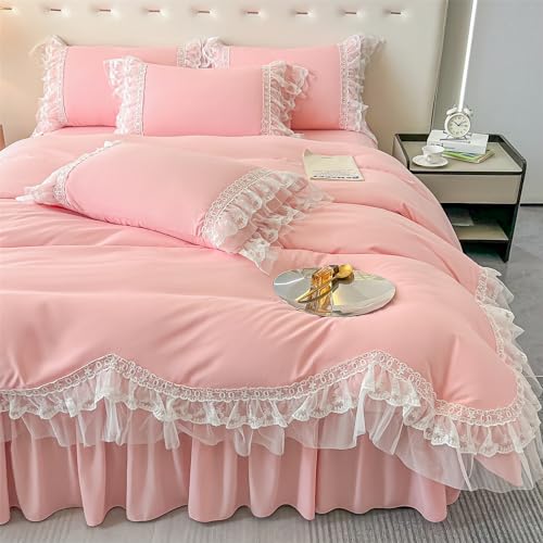 MOOWOO Chic Ruffle Lace Polyester Duvet Cover Set -Girl Pink Bedding-2 Piece Twin Duvet Cover with Zipper Closure -Ultra Soft and Light Weight (Pink,Twin) - Image 1