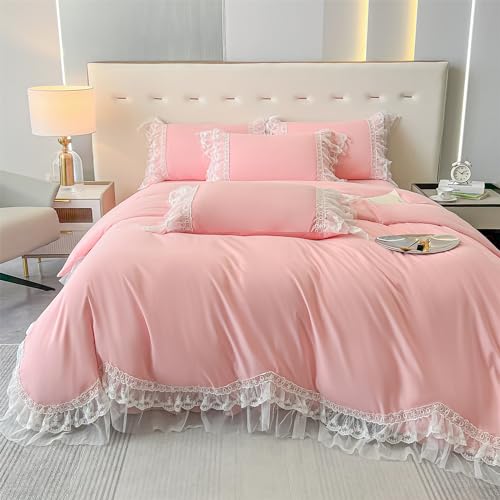 MOOWOO Chic Ruffle Lace Polyester Duvet Cover Set -Girl Pink Bedding-2 Piece Twin Duvet Cover with Zipper Closure -Ultra Soft and Light Weight (Pink,Twin) - Image 5