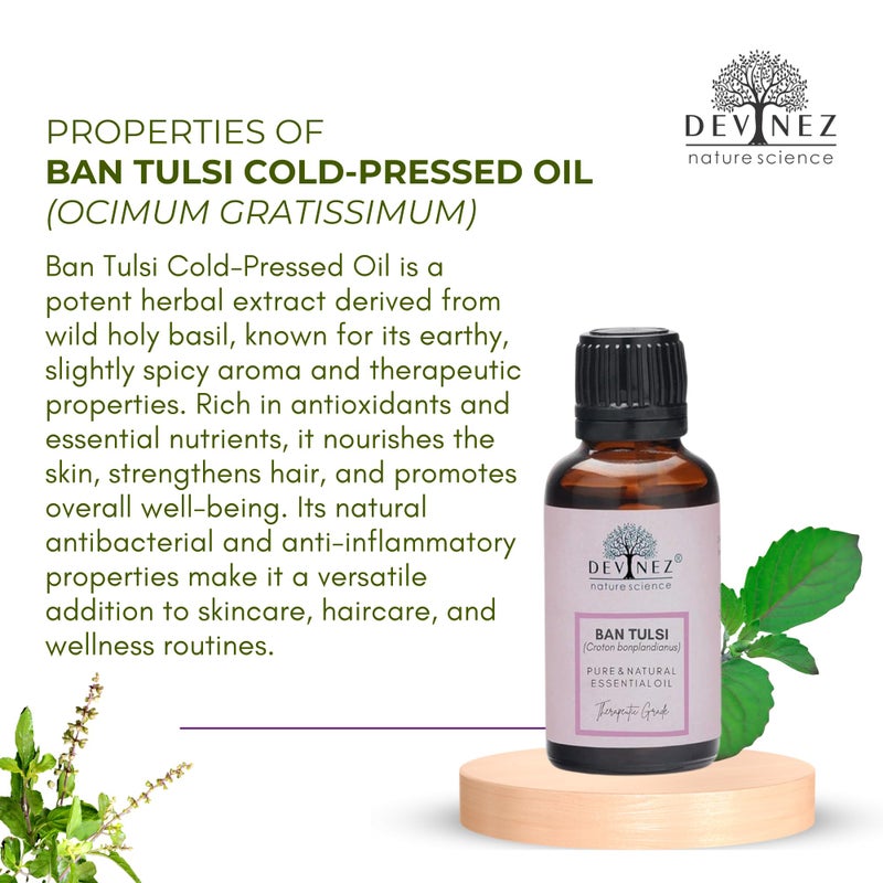 Devinez Ban Tulsi Cold-Pressed Oil, 30ml - 100% Pure Natural, Undiluted for Skin & Hair care, Slows Down Aging, prevents Acne, prevents Hair Loss, Dandruff care & Natural Remedies - Image 2