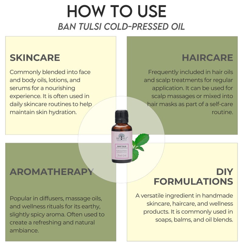 Devinez Ban Tulsi Cold-Pressed Oil, 30ml - 100% Pure Natural, Undiluted for Skin & Hair care, Slows Down Aging, prevents Acne, prevents Hair Loss, Dandruff care & Natural Remedies - Image 5