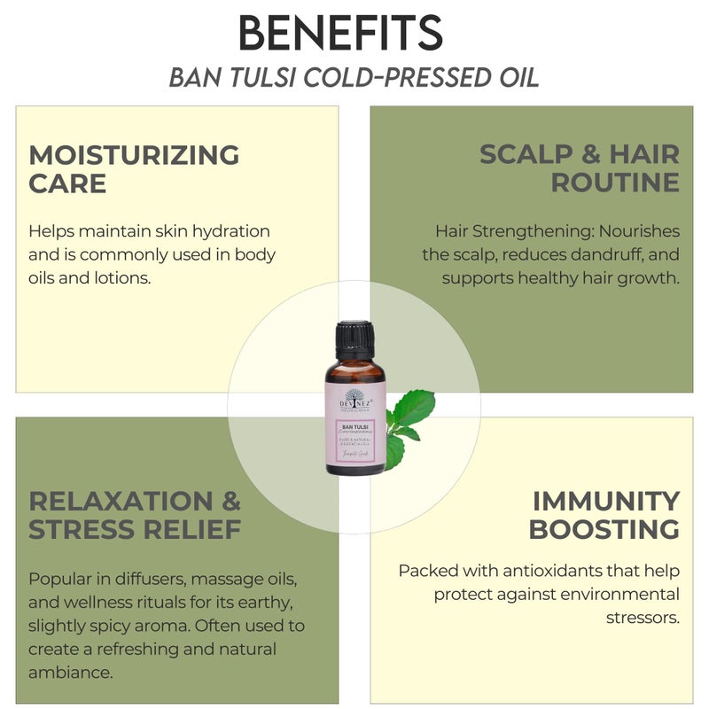 Devinez Ban Tulsi Cold-Pressed Oil, 30ml - 100% Pure Natural, Undiluted for Skin & Hair care, Slows Down Aging, prevents Acne, prevents Hair Loss, Dandruff care & Natural Remedies - Image 3