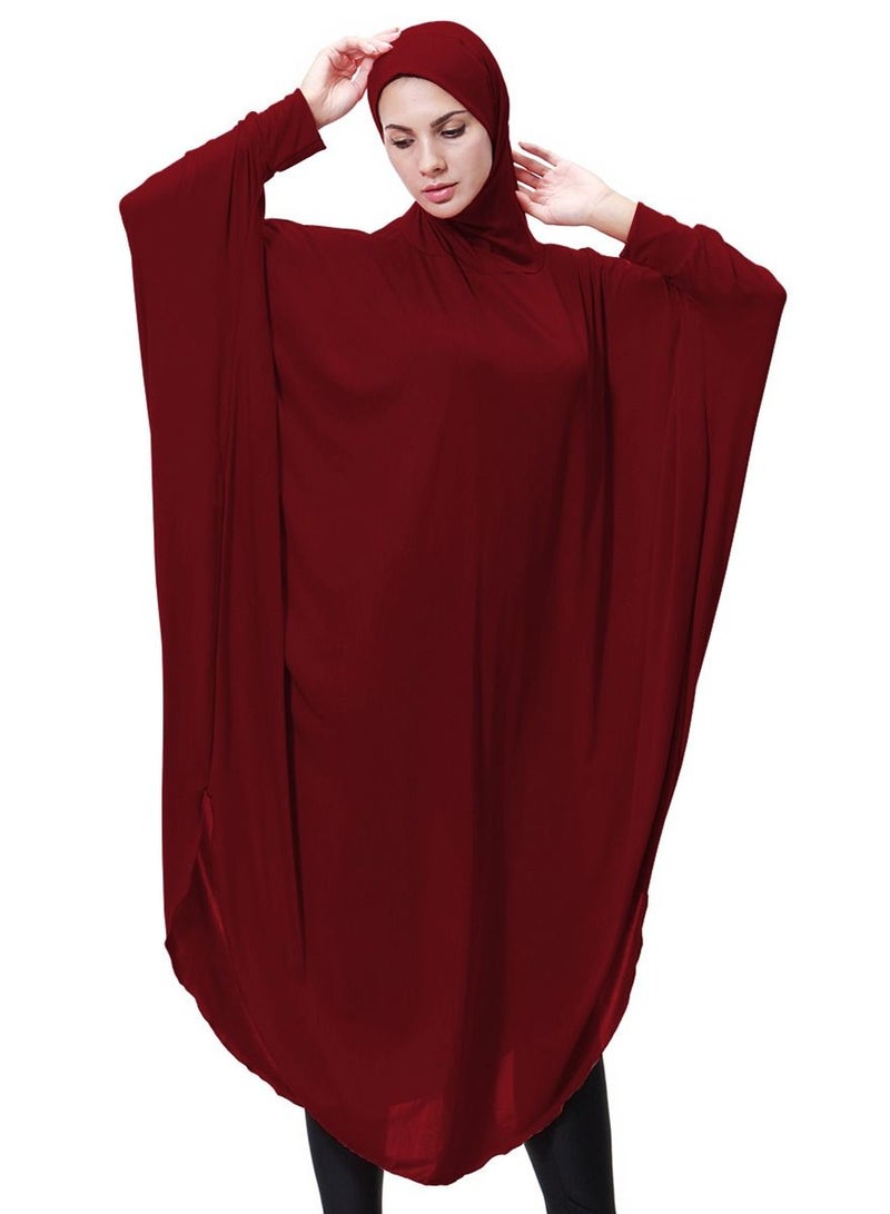 إسكدنيا Women's Solid Color Thobe With Hijab Long Sleeves Hooded Abaya Cape Wine Red