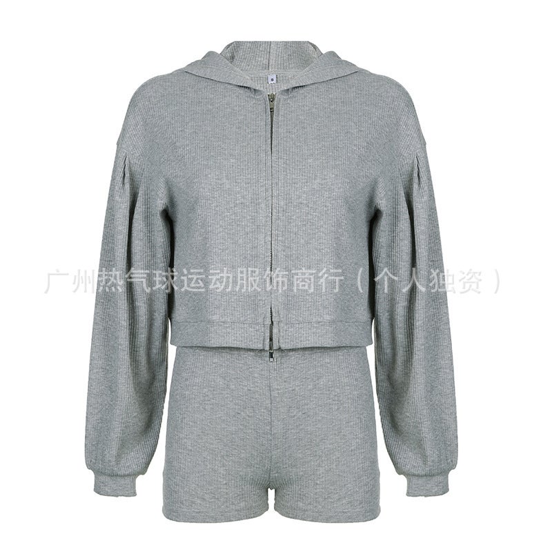 Generic Aloyoga Suit Sweatshirt V Neck Triangle Cup Bra High Waist Tight Shorts Casual Three-Piece Set Knitted Zipper Gray Three-piece Suit