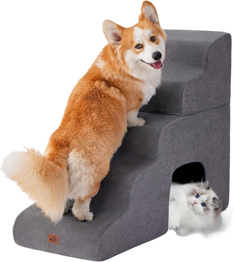 MASSFU Gray Curved Dog Stairs Ramp for High Beds 28.7" H, 5-Step Dog Steps for Small Dogs and Cats, Pet Stairs for High Bed Climbing, Non-Slip Balanced Pet Step - Image 1