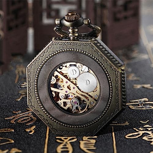 BOSHIYA Mechanical Pocket Watch Luminous Steampunk Vintage Pocket Watch/with Chains/Hand Wind Up/Black Skeleton/Dial Roman Numberals… (Octagon-Bronze) - Image 4