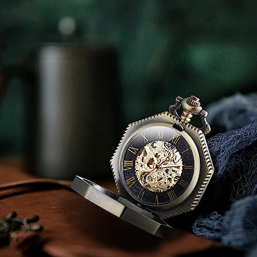 BOSHIYA Mechanical Pocket Watch Luminous Steampunk Vintage Pocket Watch/with Chains/Hand Wind Up/Black Skeleton/Dial Roman Numberals… (Octagon-Bronze) - Image 2
