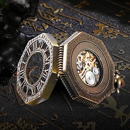 BOSHIYA Mechanical Pocket Watch Luminous Steampunk Vintage Pocket Watch/with Chains/Hand Wind Up/Black Skeleton/Dial Roman Numberals… (Octagon-Bronze) - Image 3