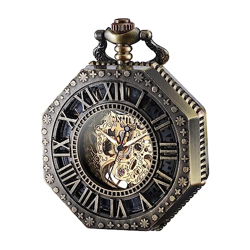 BOSHIYA Mechanical Pocket Watch Luminous Steampunk Vintage Pocket Watch/with Chains/Hand Wind Up/Black Skeleton/Dial Roman Numberals… (Octagon-Bronze) - Image 1